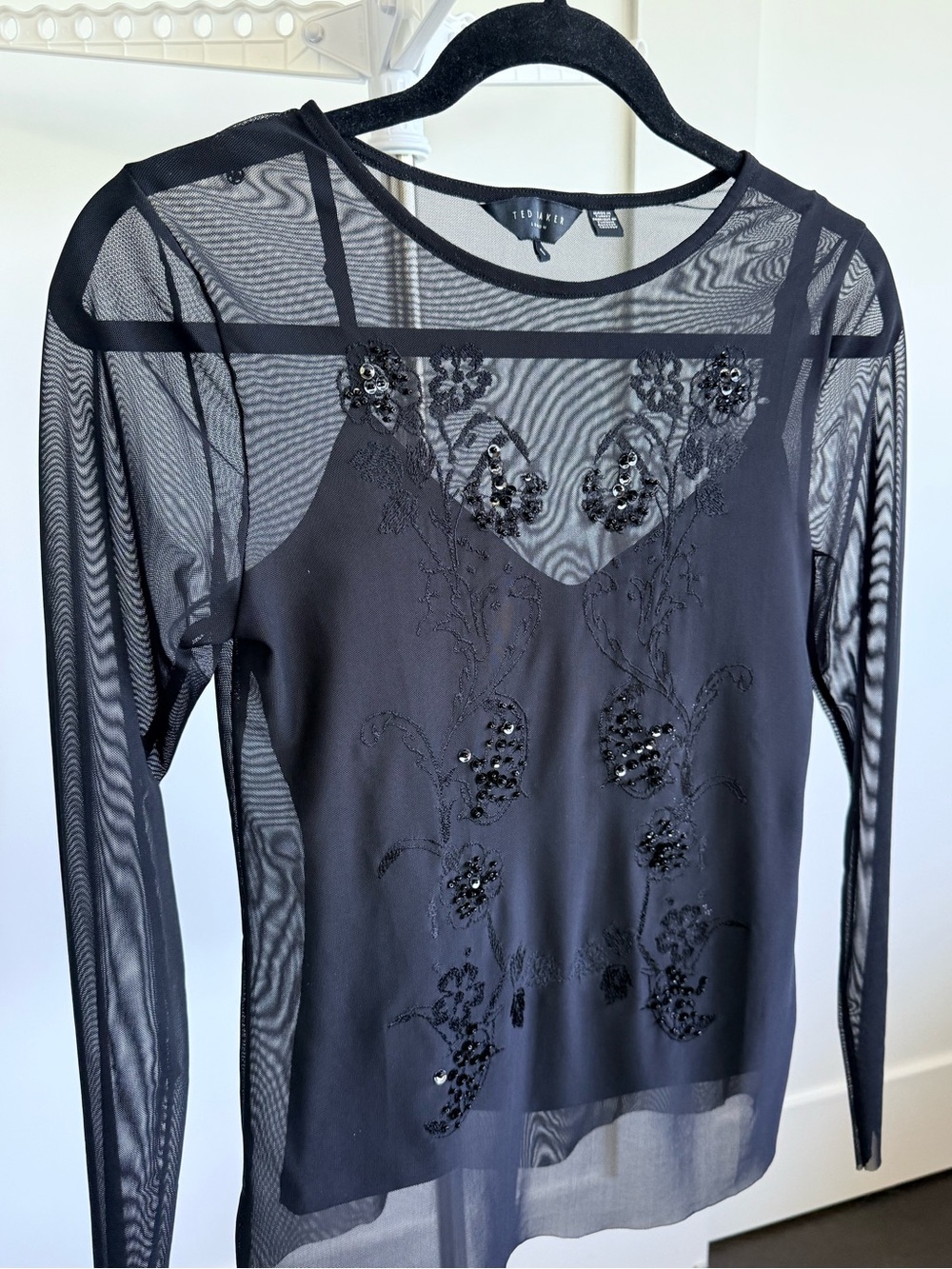Ted Baker Black Sheer Mesh Embellished Long-Sleeve Top